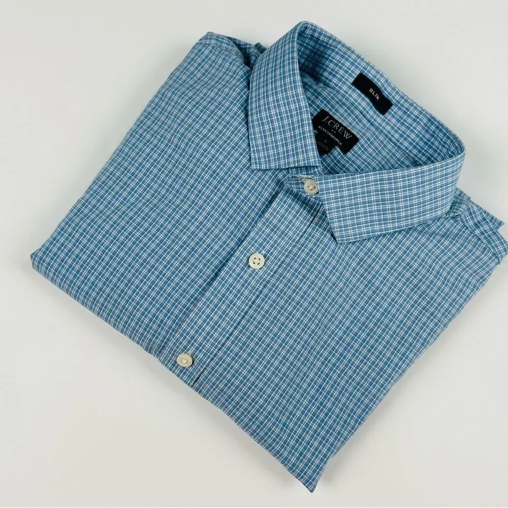 J.Crew Shirt Men's L Slim Fit Blue White Grey Plaid Button Up Long Sleeve Casual